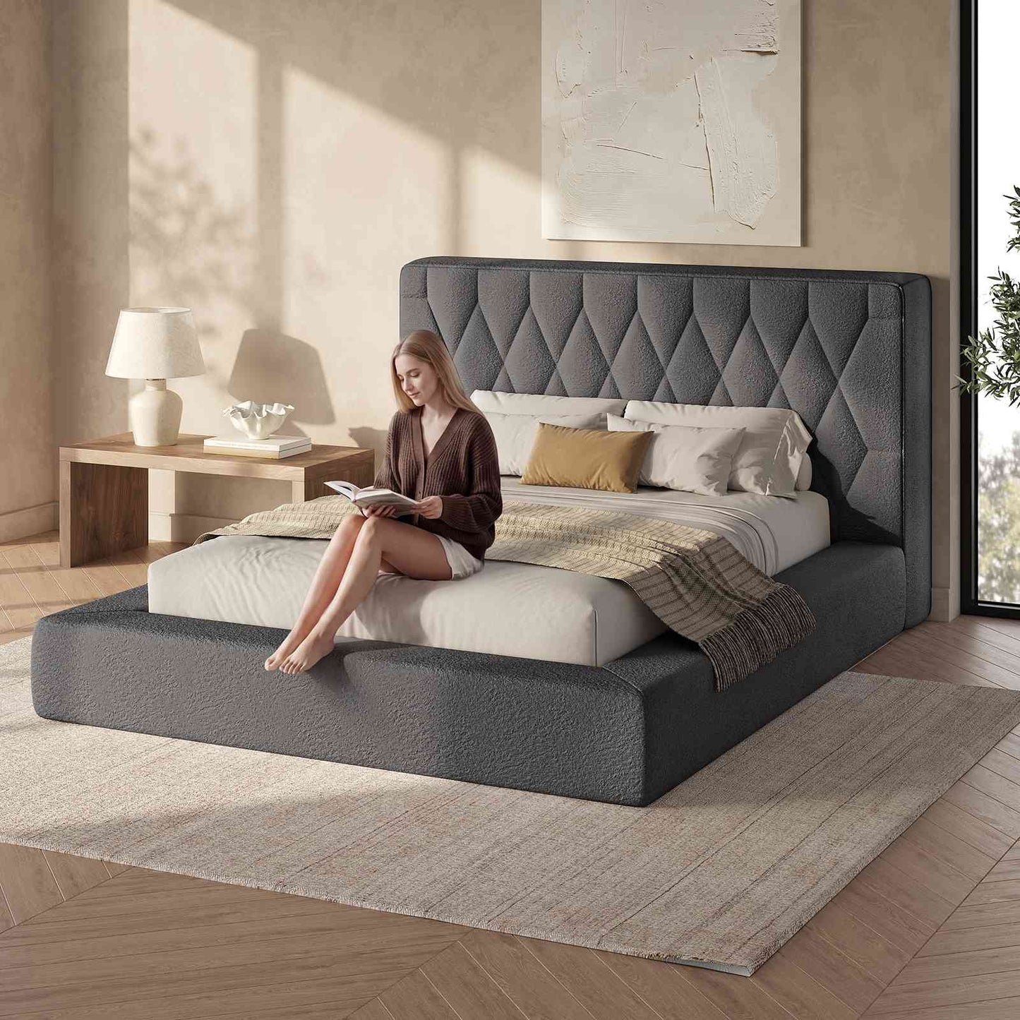 ADORNEVE Upholstered Cloud Bed Frame Queen with 5.9" Headboard Fully Cushioned Platform Bed with Soft Rounded Corners and Noise-Free for Bedroom