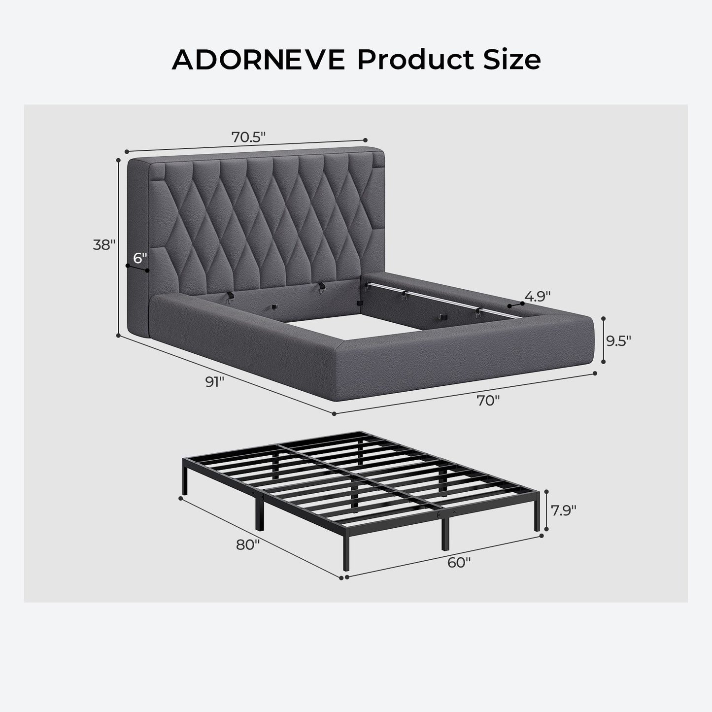 ADORNEVE Upholstered Cloud Bed Frame Queen with 5.9" Headboard Fully Cushioned Platform Bed with Soft Rounded Corners and Noise-Free for Bedroom