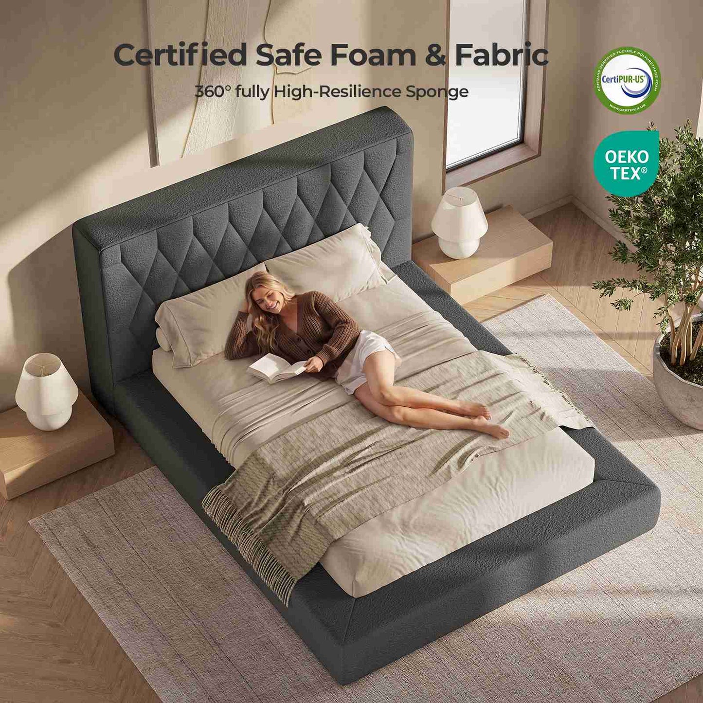ADORNEVE Upholstered Cloud Bed Frame Queen with 5.9" Headboard Fully Cushioned Platform Bed with Soft Rounded Corners and Noise-Free for Bedroom