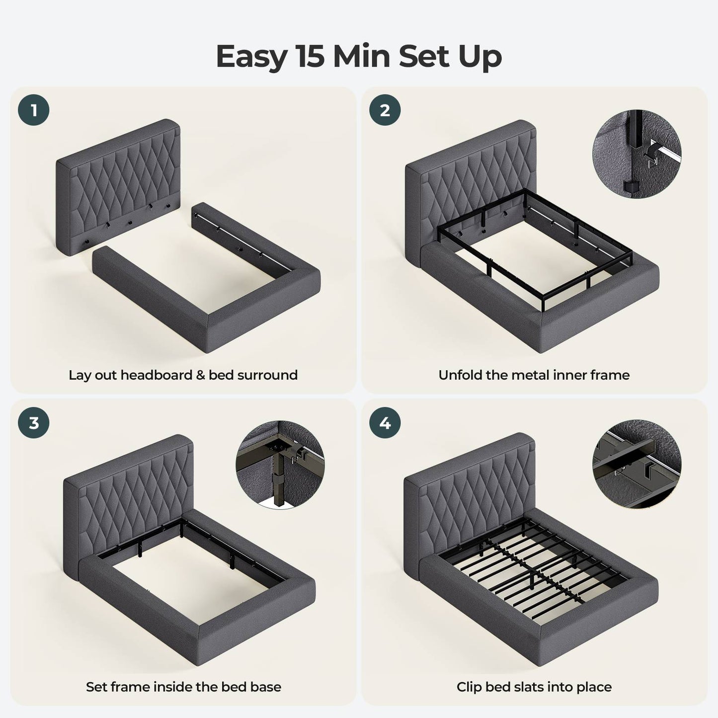 ADORNEVE Upholstered Cloud Bed Frame Queen with 5.9" Headboard Fully Cushioned Platform Bed with Soft Rounded Corners and Noise-Free for Bedroom
