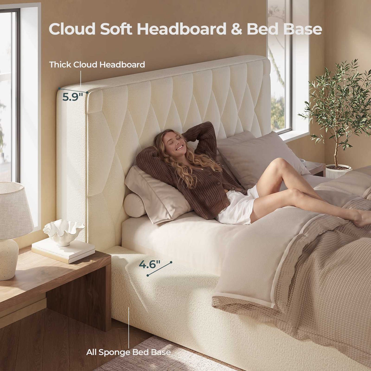 ADORNEVE Upholstered Cloud Bed Frame Queen with 5.9" Headboard Fully Cushioned Platform Bed with Soft Rounded Corners and Noise-Free for Bedroom