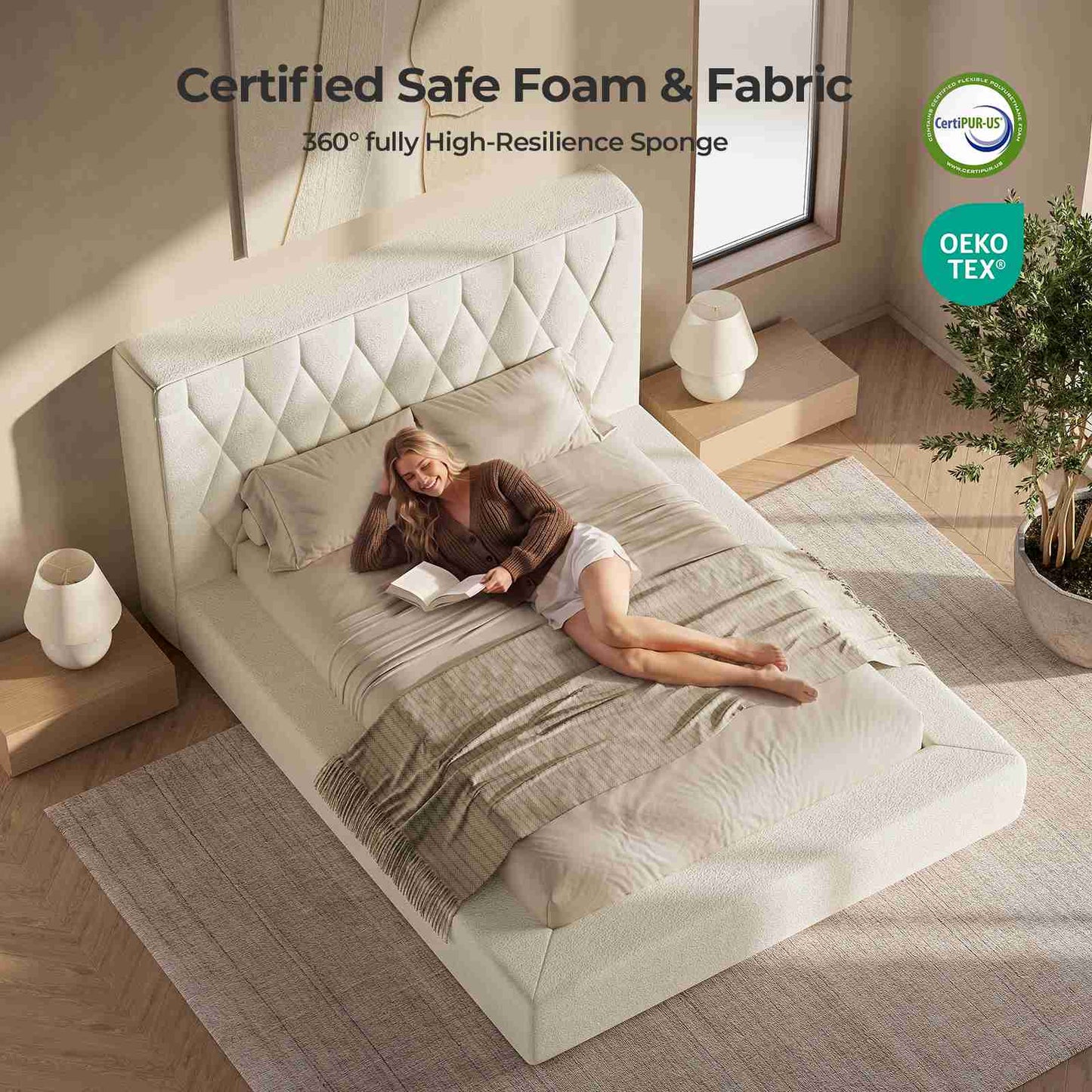 ADORNEVE Upholstered Cloud Bed Frame Queen with 5.9" Headboard Fully Cushioned Platform Bed with Soft Rounded Corners and Noise-Free for Bedroom