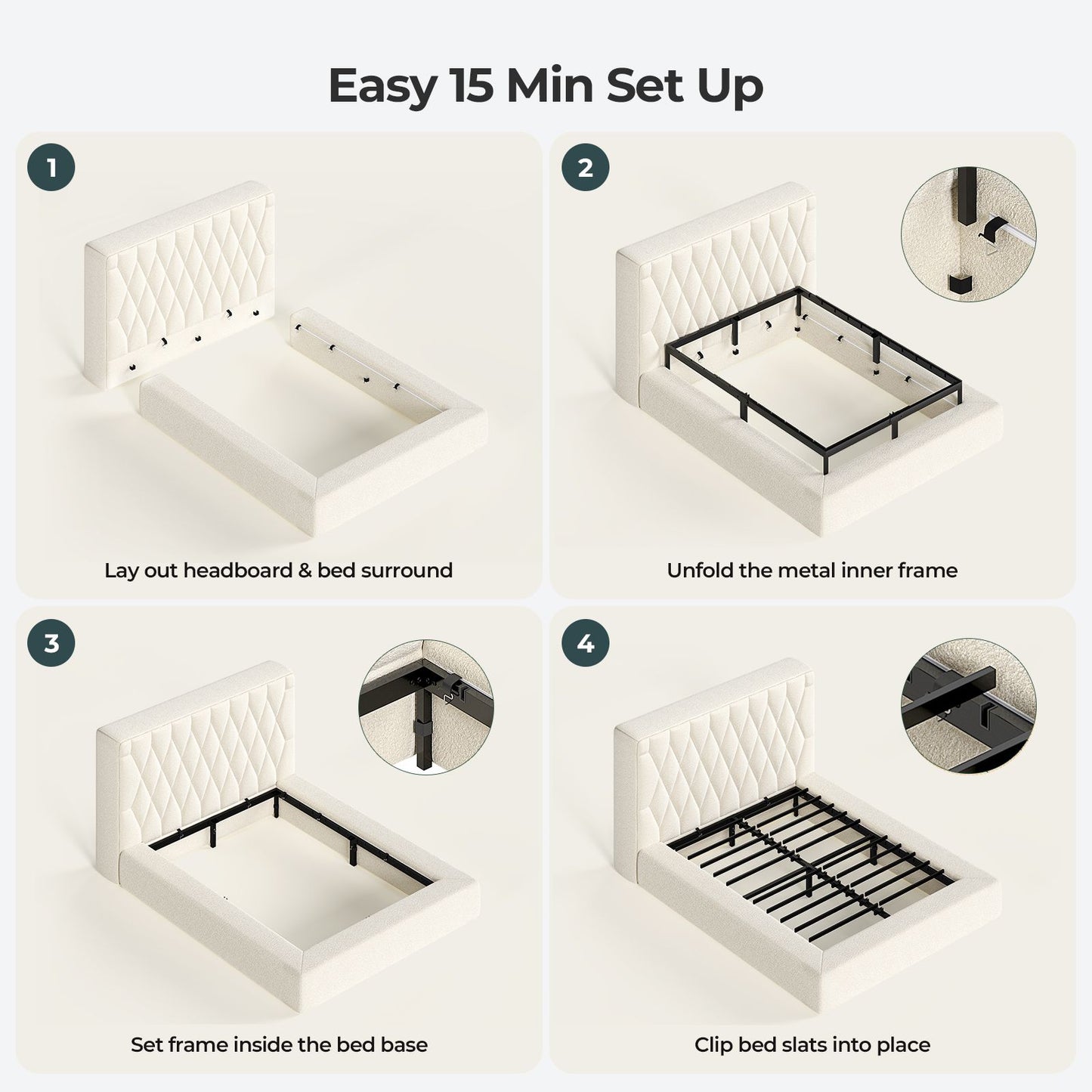 ADORNEVE Upholstered Cloud Bed Frame Queen with 5.9" Headboard Fully Cushioned Platform Bed with Soft Rounded Corners and Noise-Free for Bedroom