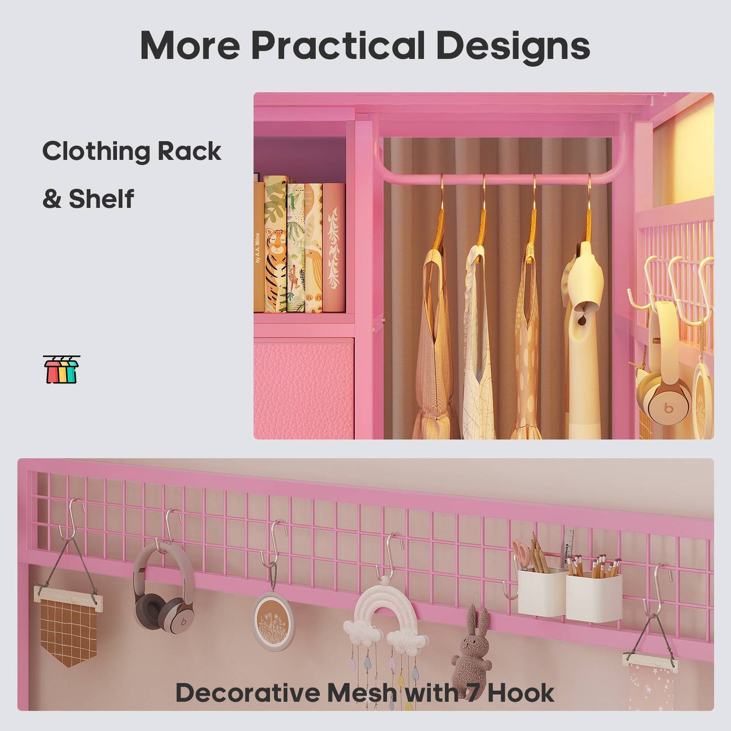 ADORNEVE Loft Bed Full Size with Desk and 8 Storage Drawers LED Metal Loft Bed with Power Outlet and 2 Shelves Clothing Rack Bed with Safety Guardrail Ladder