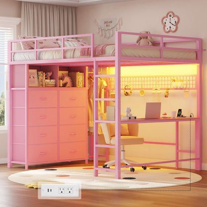 ADORNEVE Loft Bed Full Size with Desk and 8 Storage Drawers LED Metal Loft Bed with Power Outlet and 2 Shelves Clothing Rack Bed with Safety Guardrail Ladder