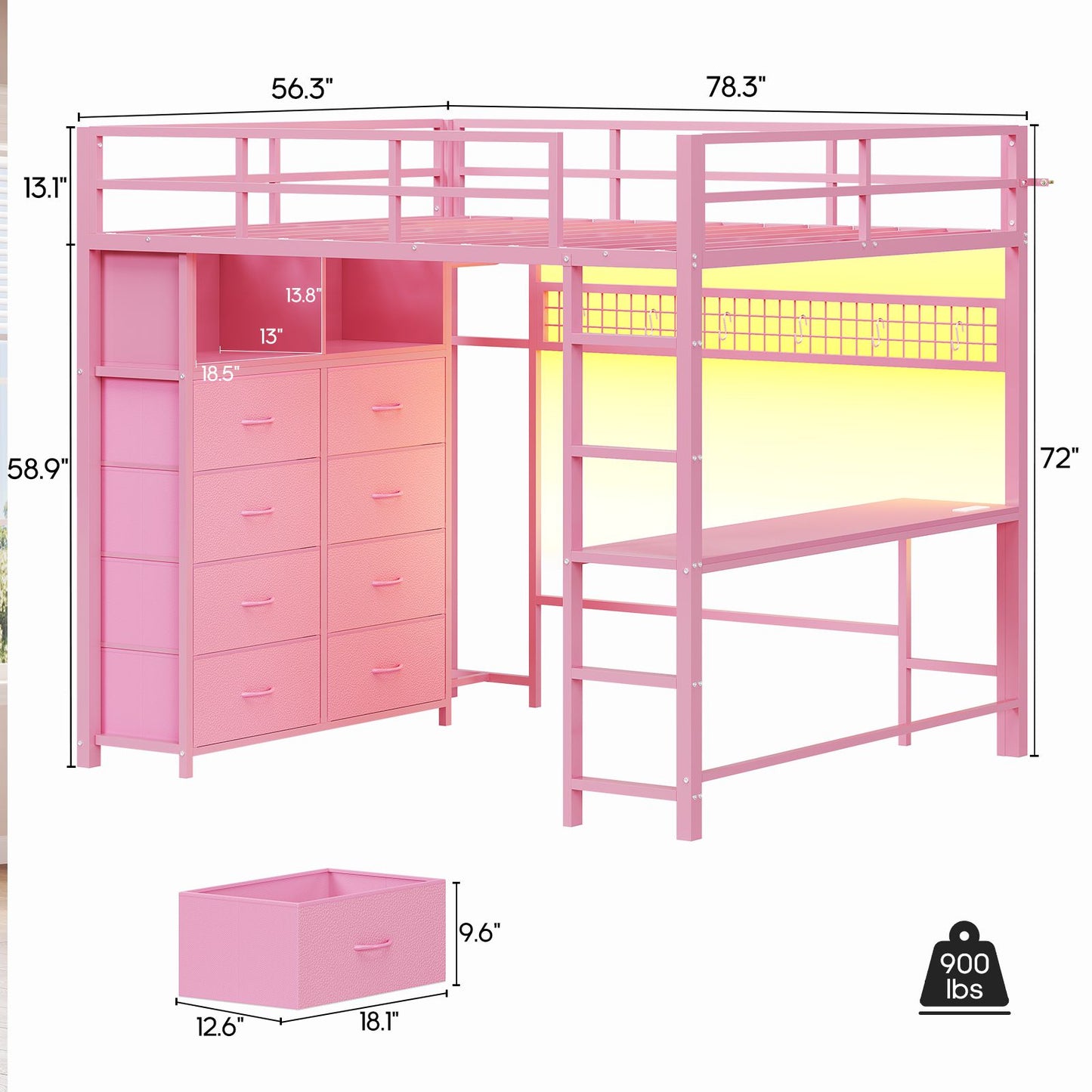 ADORNEVE Loft Bed Full Size with Desk and 8 Storage Drawers LED Metal Loft Bed with Power Outlet and 2 Shelves Clothing Rack Bed with Safety Guardrail Ladder