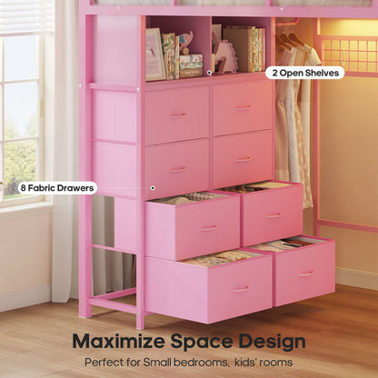 ADORNEVE Loft Bed Full Size with Desk and 8 Storage Drawers LED Metal Loft Bed with Power Outlet and 2 Shelves Clothing Rack Bed with Safety Guardrail Ladder