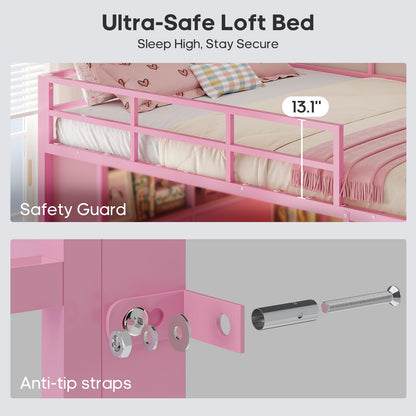 ADORNEVE Loft Bed Full Size with Desk and 8 Storage Drawers LED Metal Loft Bed with Power Outlet and 2 Shelves Clothing Rack Bed with Safety Guardrail Ladder