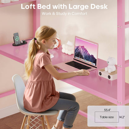 ADORNEVE Loft Bed Full Size with Desk and 8 Storage Drawers LED Metal Loft Bed with Power Outlet and 2 Shelves Clothing Rack Bed with Safety Guardrail Ladder
