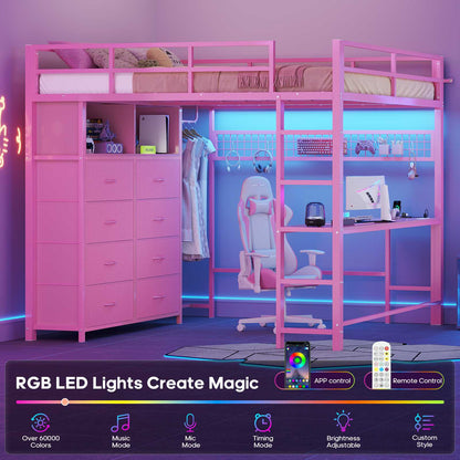 ADORNEVE Loft Bed Full Size with Desk and 8 Storage Drawers LED Metal Loft Bed with Power Outlet and 2 Shelves Clothing Rack Bed with Safety Guardrail Ladder