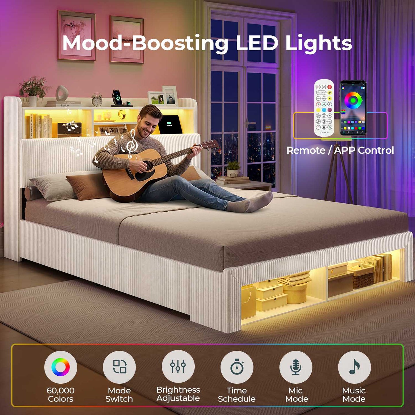 ADORNEVE Bed Frame with 4 Drawers and Footboard Headboard Cubbies Corduroy Upholstered Bed with Charging Station and RGB Lights