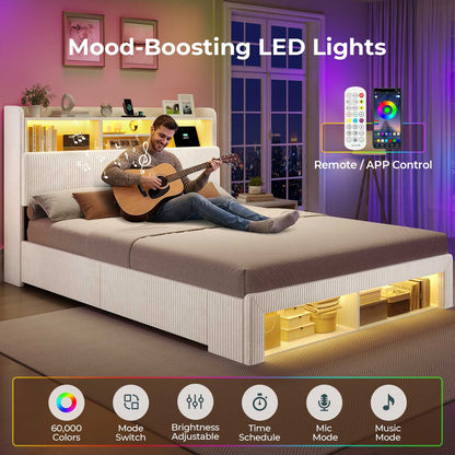 ADORNEVE Bed Frame with 4 Drawers and Footboard Headboard Cubbies Corduroy Upholstered Bed with Charging Station and RGB Lights