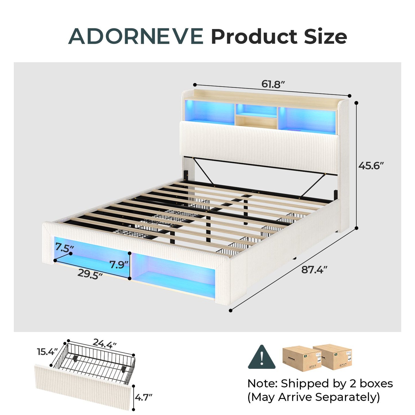 ADORNEVE Bed Frame with 4 Drawers and Footboard Headboard Cubbies Corduroy Upholstered Bed with Charging Station and RGB Lights