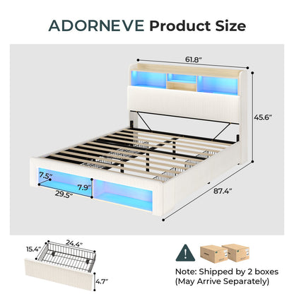 ADORNEVE Bed Frame with 4 Drawers and Footboard Headboard Cubbies Corduroy Upholstered Bed with Charging Station and RGB Lights