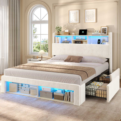 ADORNEVE Bed Frame with 4 Drawers and Footboard Headboard Cubbies Corduroy Upholstered Bed with Charging Station and RGB Lights
