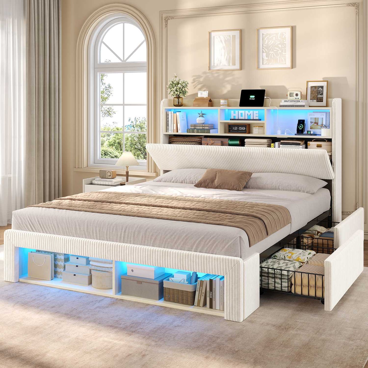 ADORNEVE Bed Frame with 4 Drawers and Footboard Headboard Cubbies Corduroy Upholstered Bed with Charging Station and RGB Lights