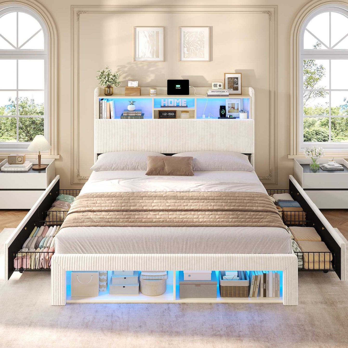 ADORNEVE Bed Frame with 4 Drawers and Footboard Headboard Cubbies Corduroy Upholstered Bed with Charging Station and RGB Lights