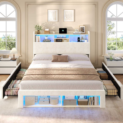 ADORNEVE Bed Frame with 4 Drawers and Footboard Headboard Cubbies Corduroy Upholstered Bed with Charging Station and RGB Lights