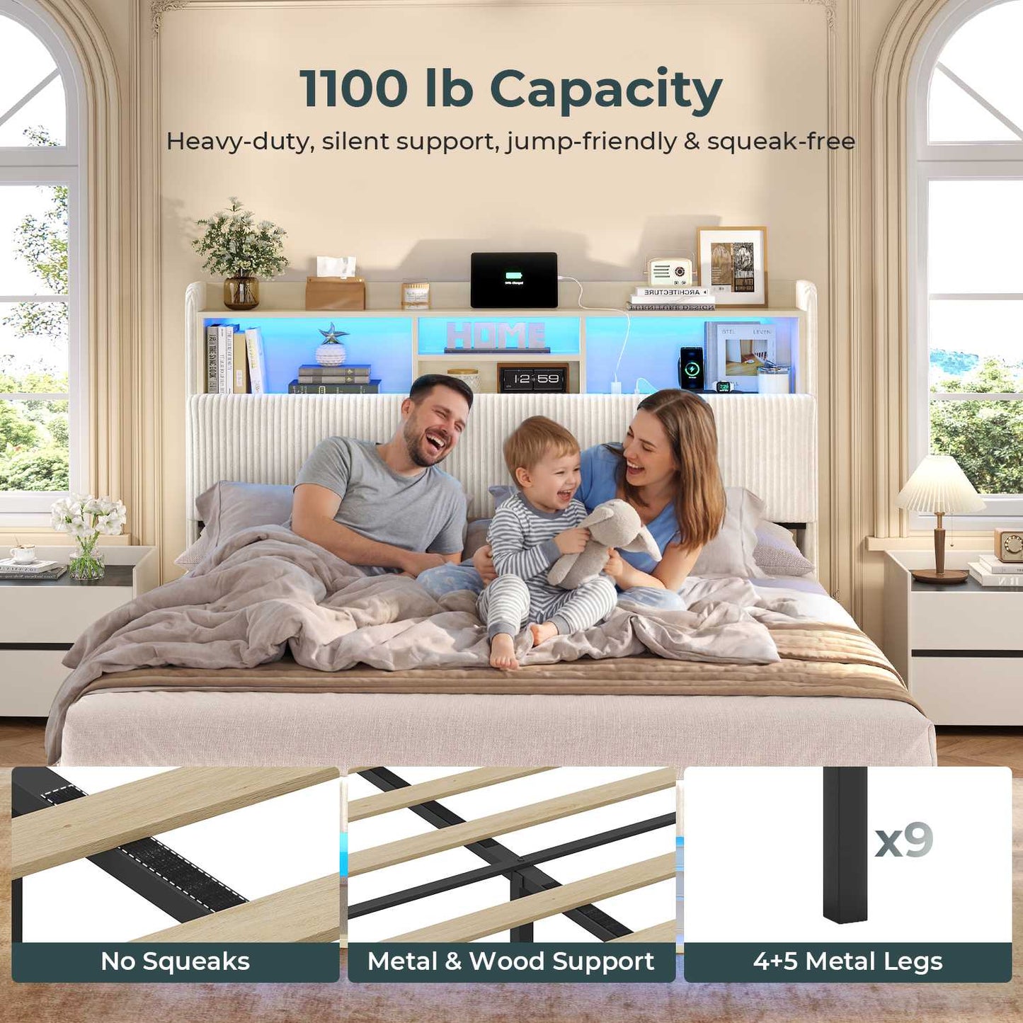ADORNEVE Bed Frame with 4 Drawers and Footboard Headboard Cubbies Corduroy Upholstered Bed with Charging Station and RGB Lights