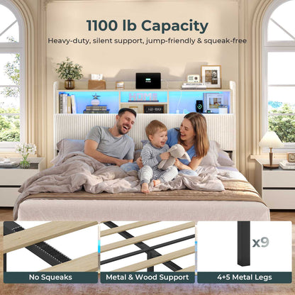 ADORNEVE Bed Frame with 4 Drawers and Footboard Headboard Cubbies Corduroy Upholstered Bed with Charging Station and RGB Lights