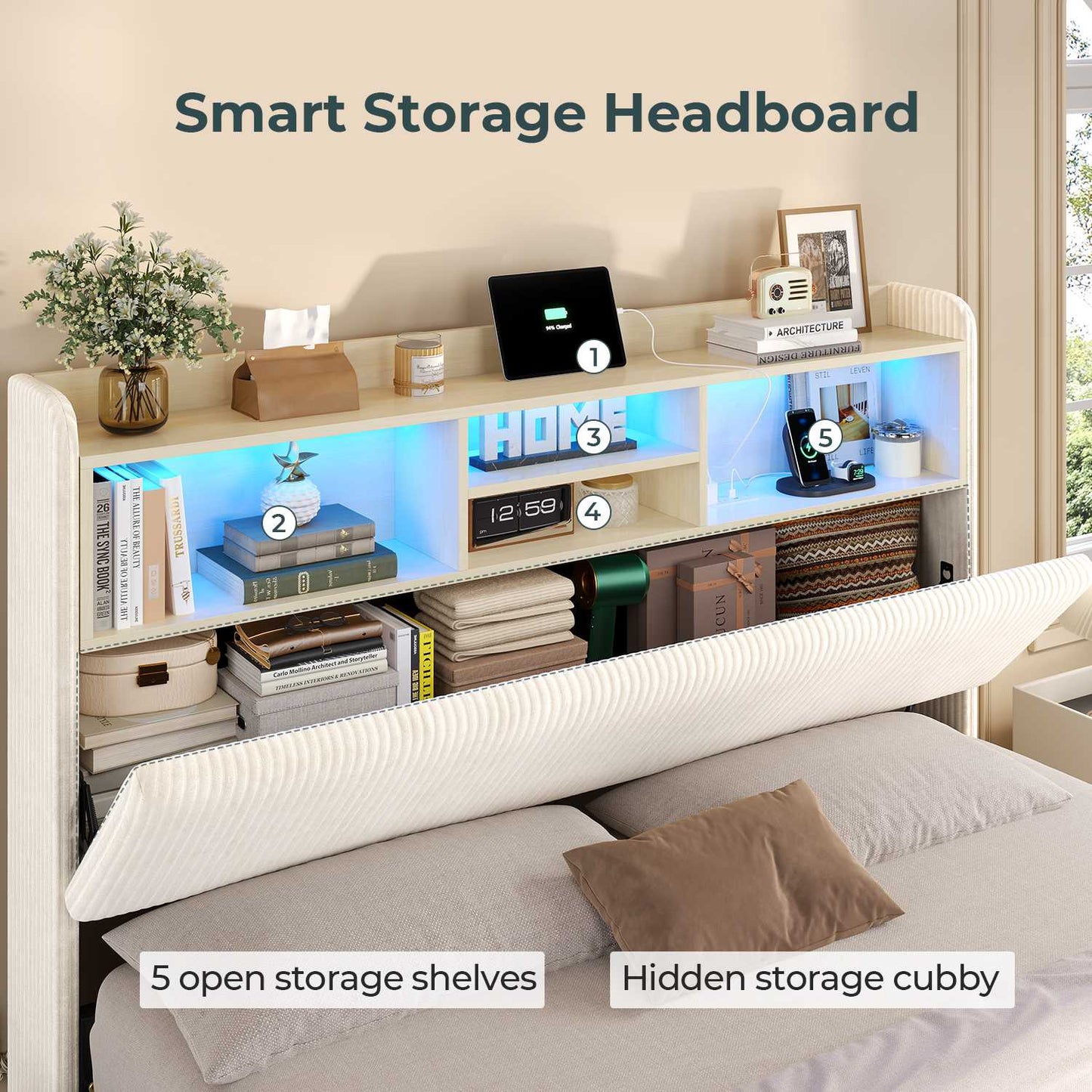 ADORNEVE Bed Frame with 4 Drawers and Footboard Headboard Cubbies Corduroy Upholstered Bed with Charging Station and RGB Lights