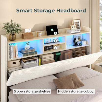ADORNEVE Bed Frame with 4 Drawers and Footboard Headboard Cubbies Corduroy Upholstered Bed with Charging Station and RGB Lights