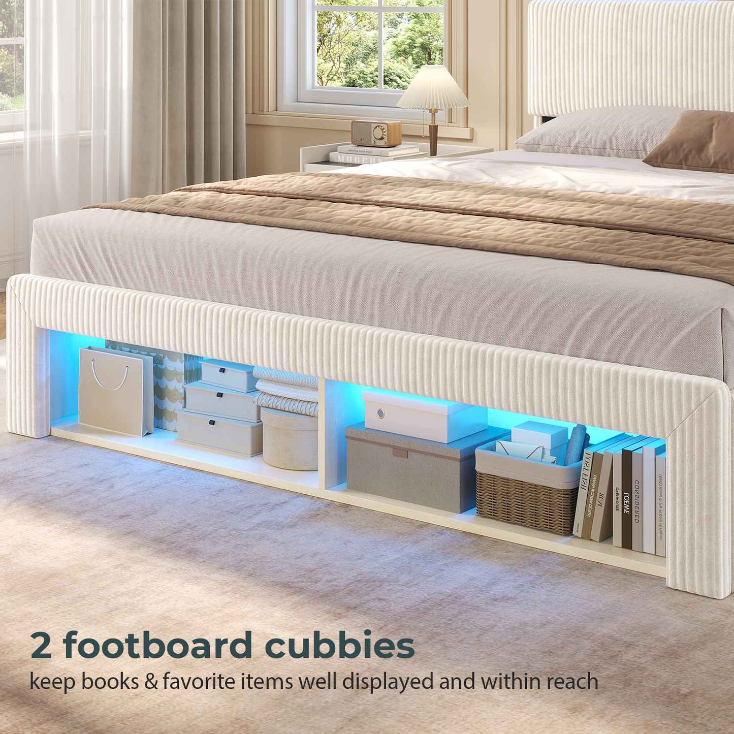 ADORNEVE Bed Frame with 4 Drawers and Footboard Headboard Cubbies Corduroy Upholstered Bed with Charging Station and RGB Lights