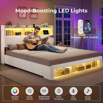 ADORNEVE California King Bed Frames with 4 Storage Drawers and Footboard Cubbies RGB Corduroy Upholstered Platform Bed with Power Outlets and Storage Headboard