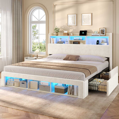 ADORNEVE California King Bed Frames with 4 Storage Drawers and Footboard Cubbies RGB Corduroy Upholstered Platform Bed with Power Outlets and Storage Headboard
