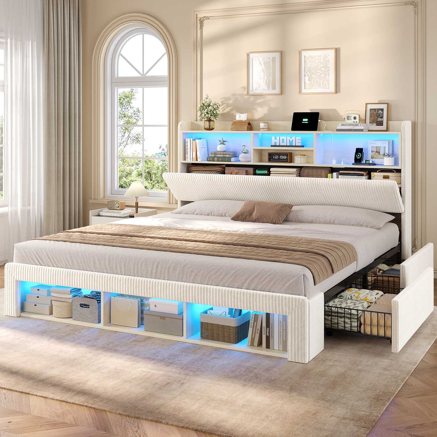 ADORNEVE California King Bed Frames with 4 Storage Drawers and Footboard Cubbies RGB Corduroy Upholstered Platform Bed with Power Outlets and Storage Headboard
