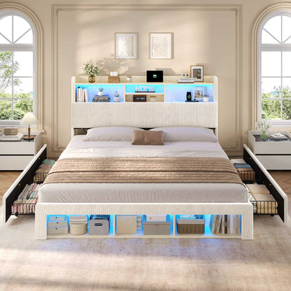 ADORNEVE California King Bed Frames with 4 Storage Drawers and Footboard Cubbies RGB Corduroy Upholstered Platform Bed with Power Outlets and Storage Headboard