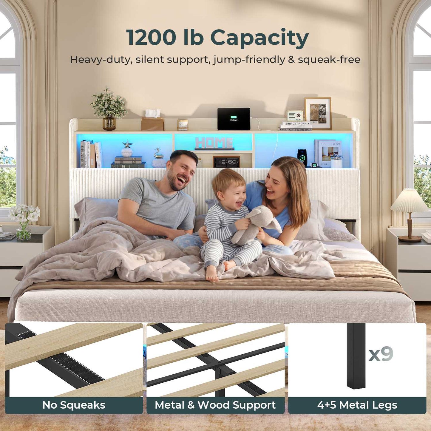 ADORNEVE California King Bed Frames with 4 Storage Drawers and Footboard Cubbies RGB Corduroy Upholstered Platform Bed with Power Outlets and Storage Headboard