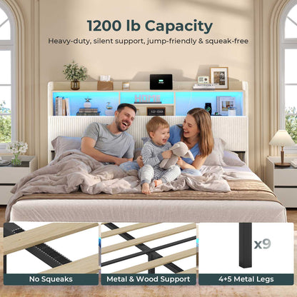 ADORNEVE California King Bed Frames with 4 Storage Drawers and Footboard Cubbies RGB Corduroy Upholstered Platform Bed with Power Outlets and Storage Headboard