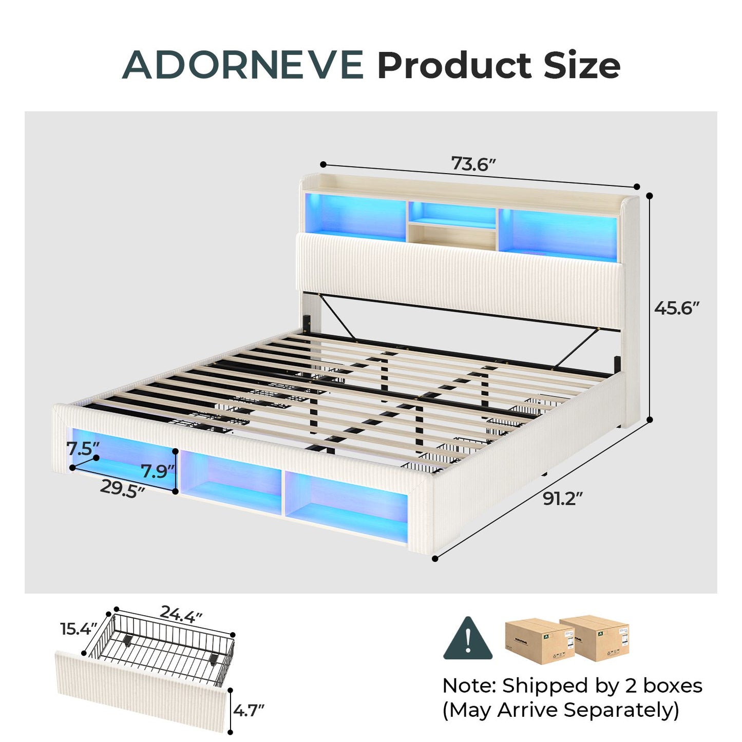 ADORNEVE California King Bed Frames with 4 Storage Drawers and Footboard Cubbies RGB Corduroy Upholstered Platform Bed with Power Outlets and Storage Headboard