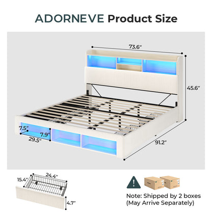 ADORNEVE California King Bed Frames with 4 Storage Drawers and Footboard Cubbies RGB Corduroy Upholstered Platform Bed with Power Outlets and Storage Headboard