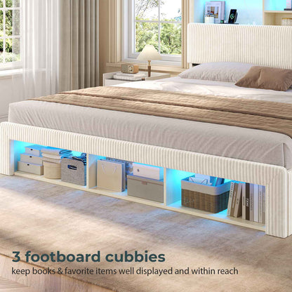 ADORNEVE California King Bed Frames with 4 Storage Drawers and Footboard Cubbies RGB Corduroy Upholstered Platform Bed with Power Outlets and Storage Headboard