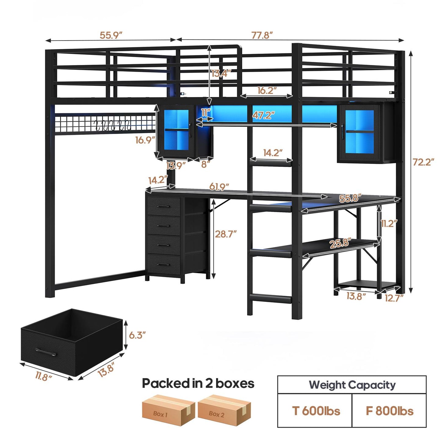 ADORNEVE Gaming Loft Bed Full Size with Desk and Hutch Drawers Power Outlet Metal Teens Loft Bed with RGB Lights and Guardrail Ladder