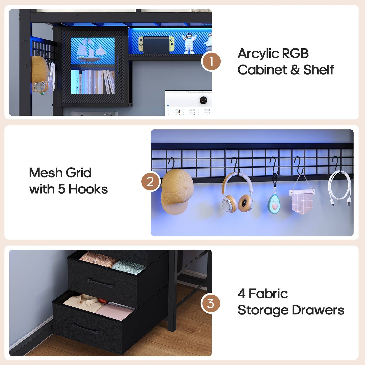 ADORNEVE Gaming Loft Bed Full Size with Desk and Hutch Drawers Power Outlet Metal Teens Loft Bed with RGB Lights and Guardrail Ladder