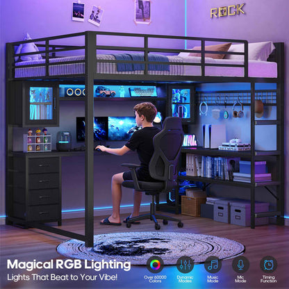 ADORNEVE Gaming Loft Bed Full Size with Desk and Hutch Drawers Power Outlet Metal Teens Loft Bed with RGB Lights and Guardrail Ladder