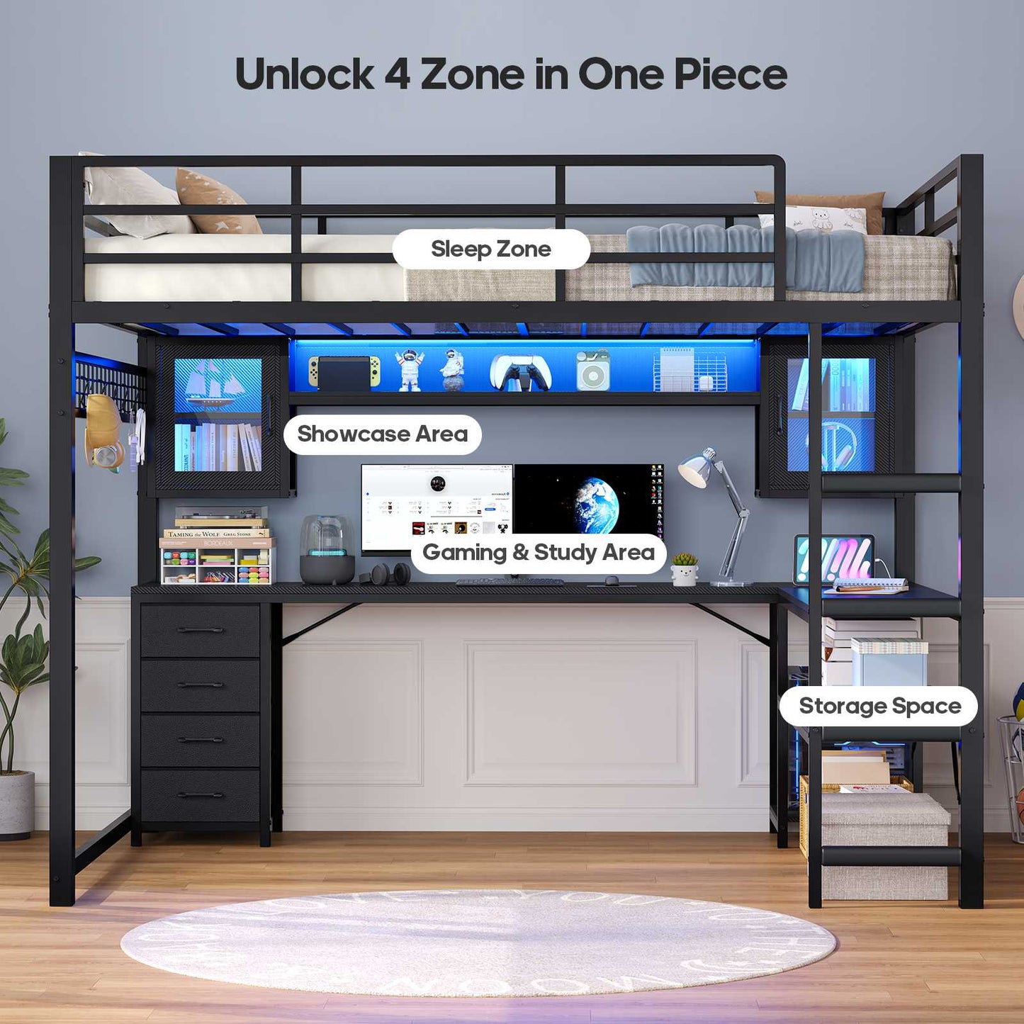 ADORNEVE Gaming Loft Bed Full Size with Desk and Hutch Drawers Power Outlet Metal Teens Loft Bed with RGB Lights and Guardrail Ladder