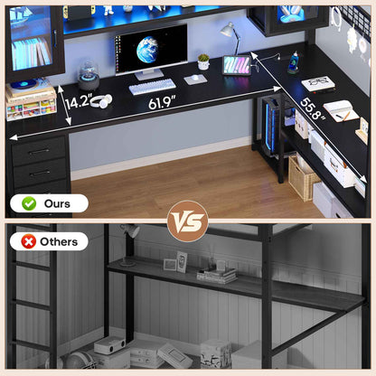 ADORNEVE Gaming Loft Bed Full Size with Desk and Hutch Drawers Power Outlet Metal Teens Loft Bed with RGB Lights and Guardrail Ladder