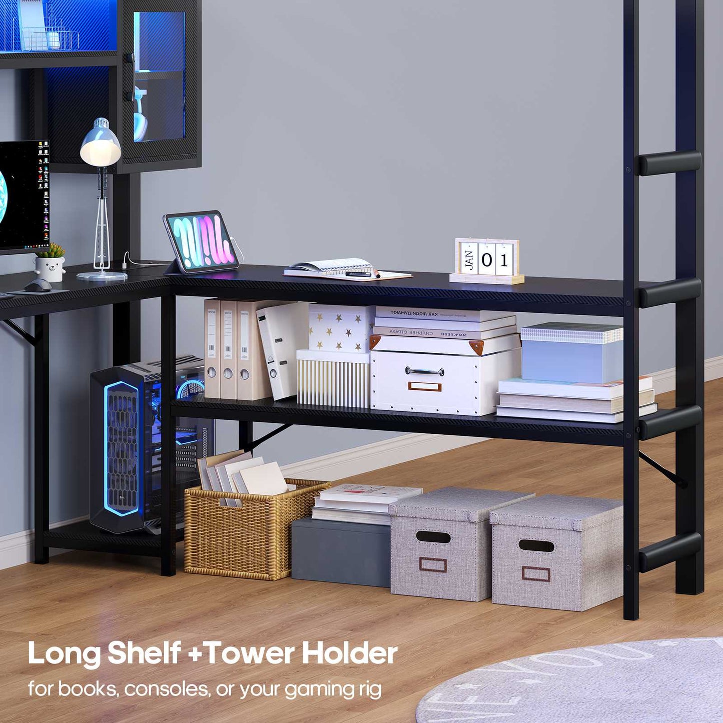 ADORNEVE Gaming Loft Bed Full Size with Desk and Hutch Drawers Power Outlet Metal Teens Loft Bed with RGB Lights and Guardrail Ladder
