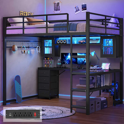ADORNEVE Gaming Loft Bed Full Size with Desk and Hutch Drawers Power Outlet Metal Teens Loft Bed with RGB Lights and Guardrail Ladder