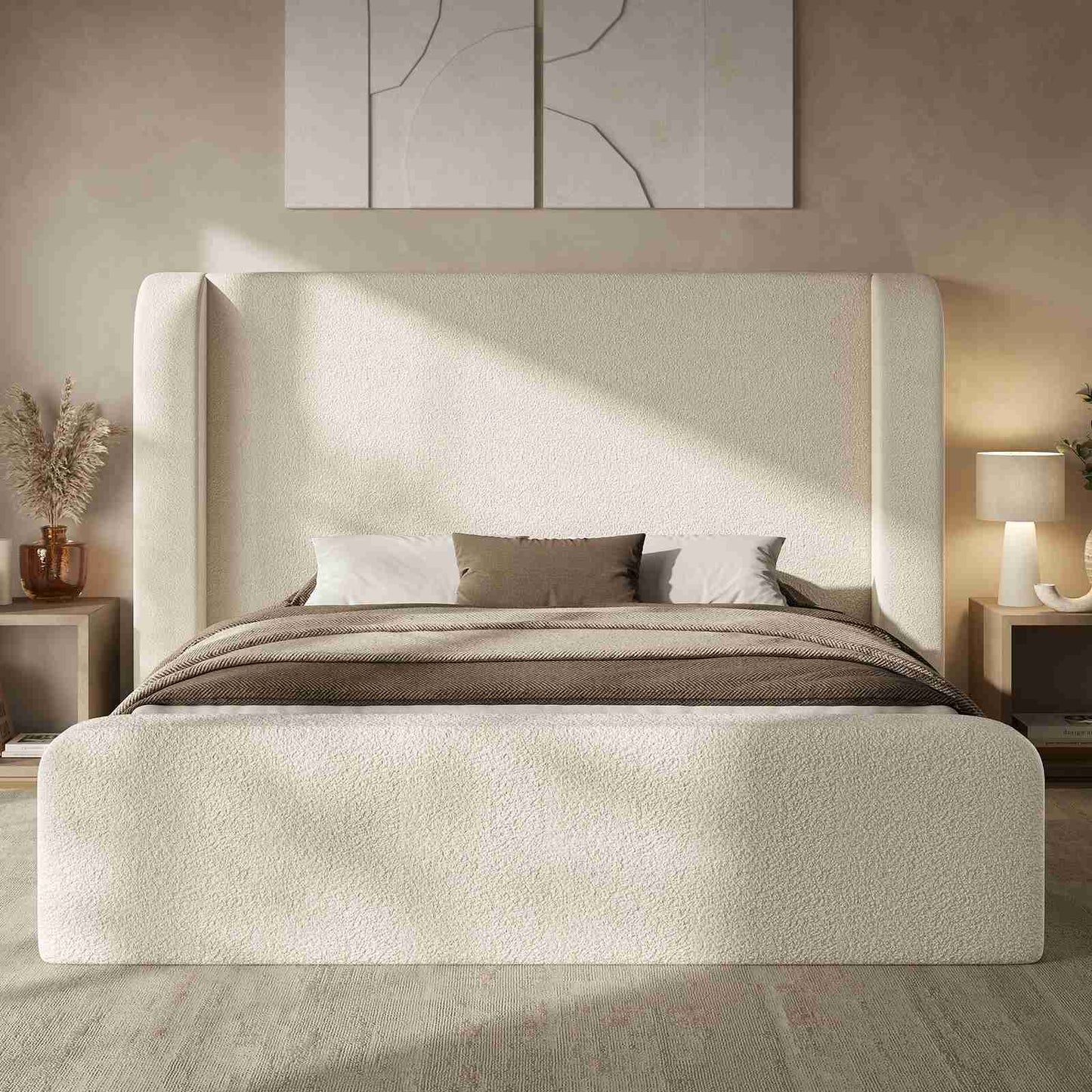 ADORNEVE Cloud Bed Frame with 49.2” Tall Wingback Headboard and 5 Inch Foam Fully Cushioned Queen Size Upholstered Platform Bed with Rounded Corners Design