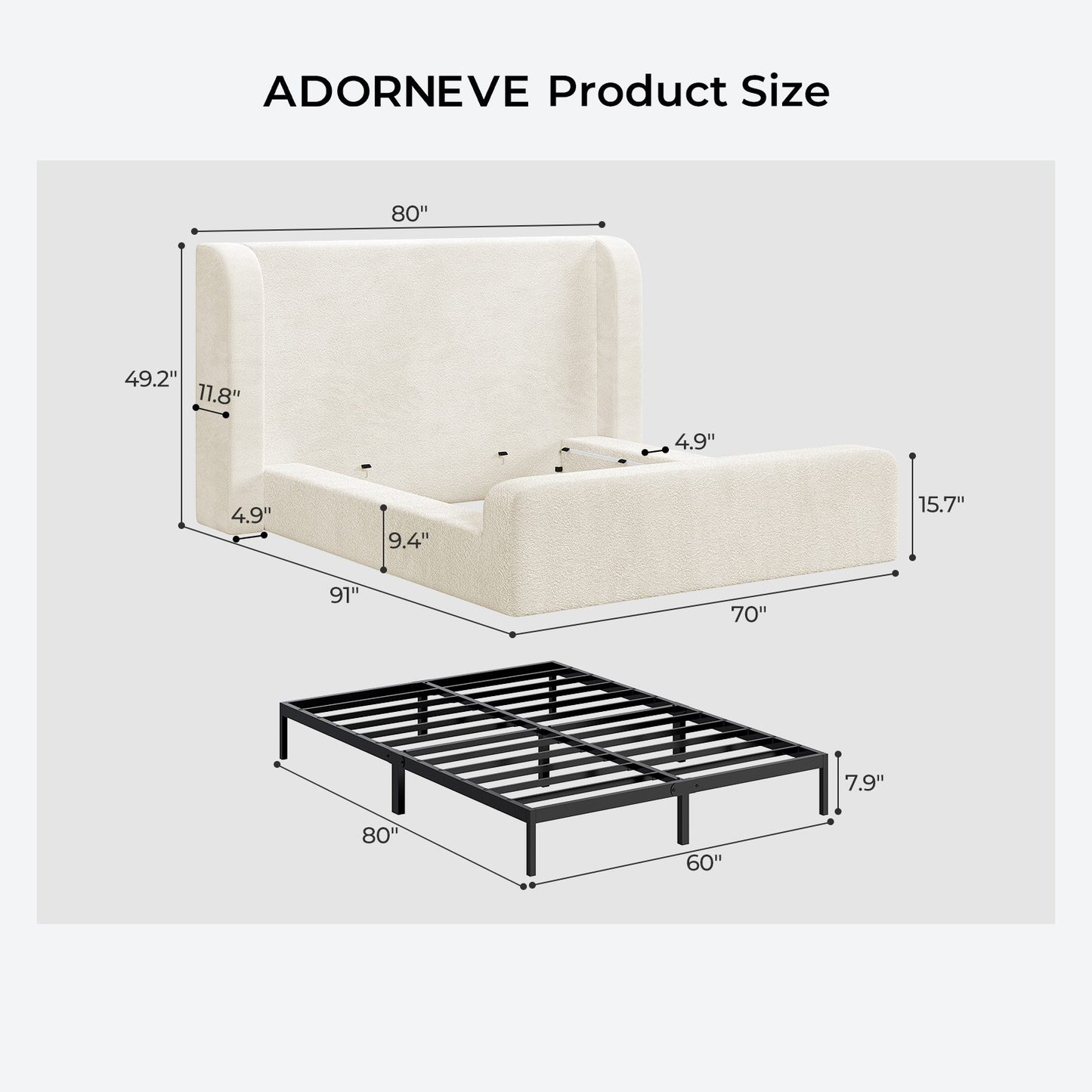ADORNEVE Cloud Bed Frame with 49.2” Tall Wingback Headboard and 5 Inch Foam Fully Cushioned Queen Size Upholstered Platform Bed with Rounded Corners Design