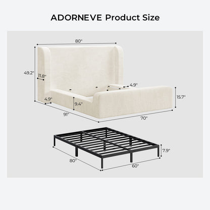 ADORNEVE Cloud Bed Frame with 49.2” Tall Wingback Headboard and 5 Inch Foam Fully Cushioned Queen Size Upholstered Platform Bed with Rounded Corners Design