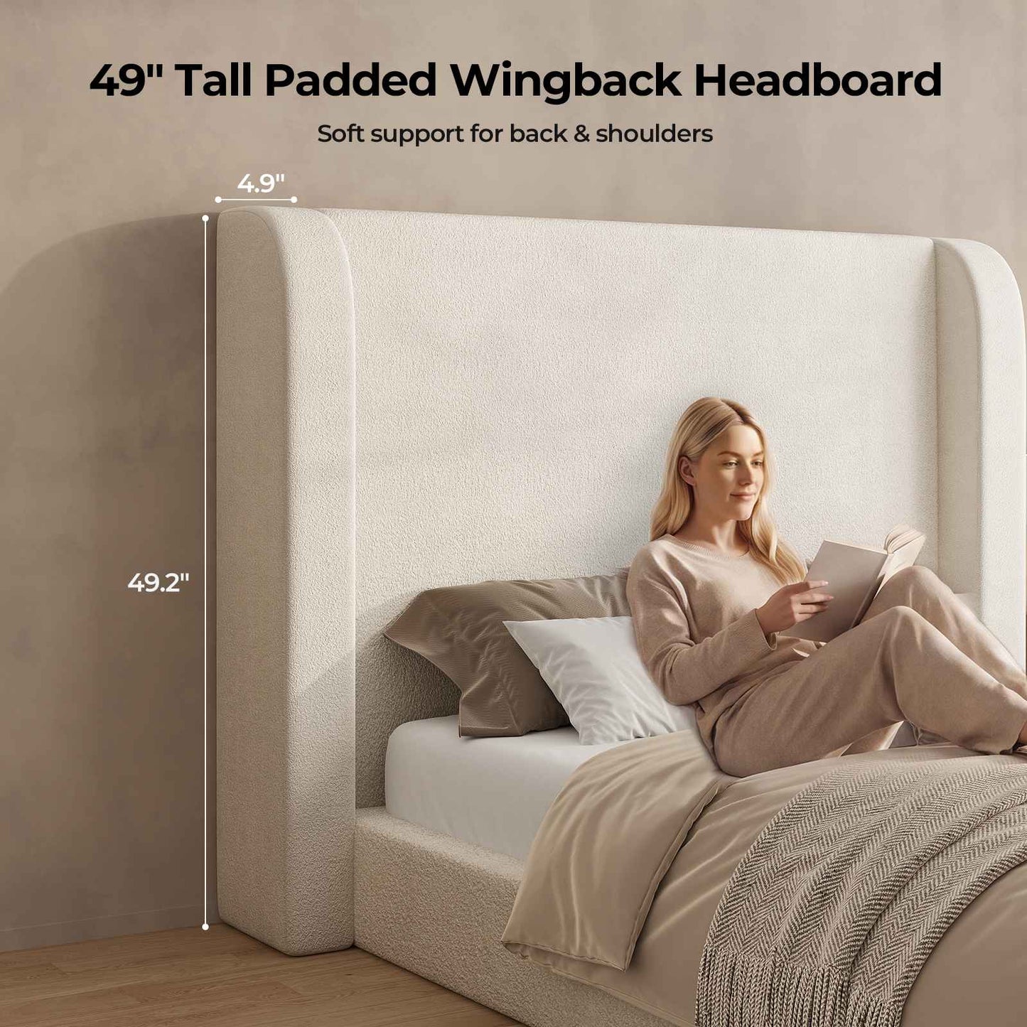 ADORNEVE Cloud Bed Frame with 49.2” Tall Wingback Headboard and 5 Inch Foam Fully Cushioned Queen Size Upholstered Platform Bed with Rounded Corners Design