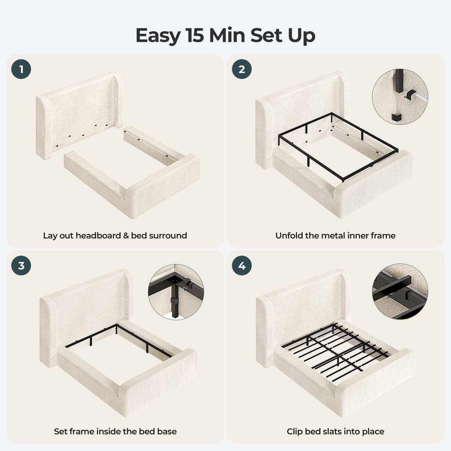 ADORNEVE Cloud Bed Frame with 49.2” Tall Wingback Headboard and 5 Inch Foam Fully Cushioned Queen Size Upholstered Platform Bed with Rounded Corners Design