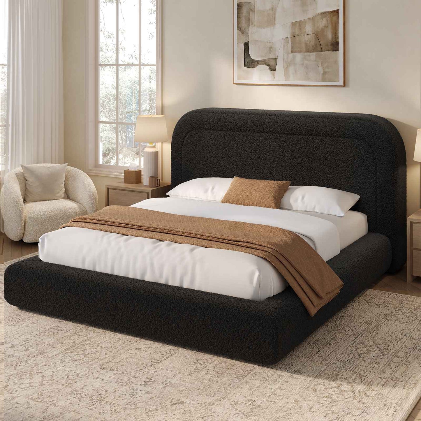 ADORNEVE Cloud Bed Frame King with 5.9" Headboard Upholstered Platform Bed with Curve Round and 5 Inch Foam Cushioned for Young Adults Kid and Pet Families