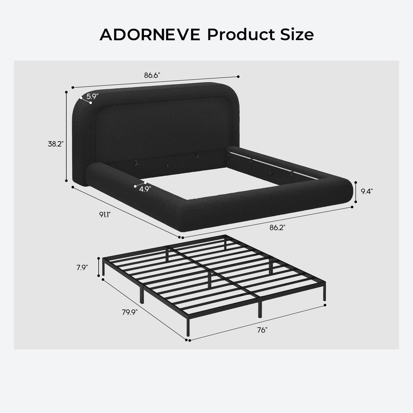 ADORNEVE Cloud Bed Frame King with 5.9" Headboard Upholstered Platform Bed with Curve Round and 5 Inch Foam Cushioned for Young Adults Kid and Pet Families
